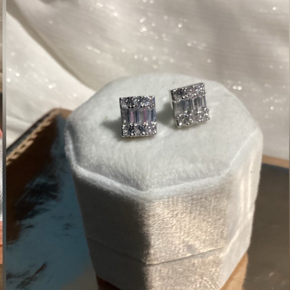 Luxurious Square Baguette & Round  cut Zircon Halo  Post back Earrings